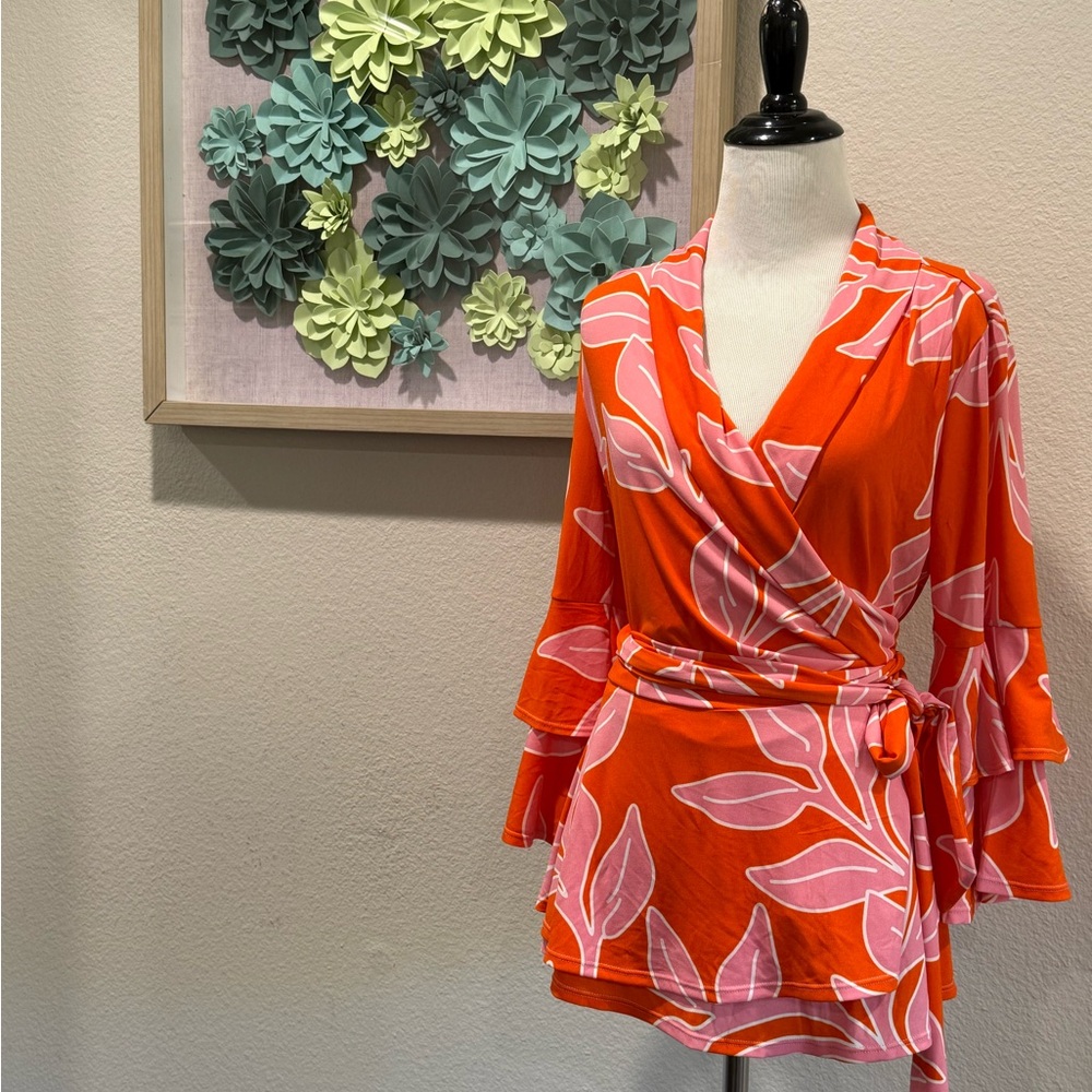 VENUS Orange and Pink Hawaiian Leaf Pattern Top